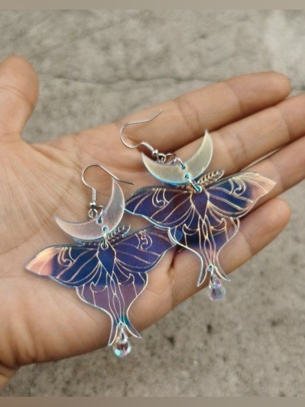 Vintage Bohemian Celestial Luna Moth Drop Earrings